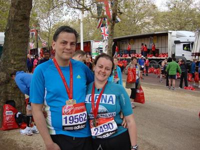 Lorna and Adam after completing the London Marathon