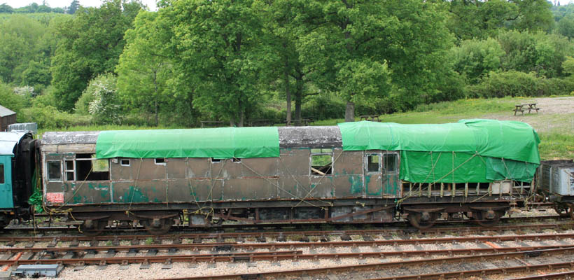Maunsell Dining Saloon at Horsted Keynes just prior to entering the shed to dry out before receiving its new tarpaulin - Dave Clarke - 20 May 2008
