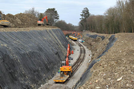 Ballast being unloaded in the cutting - Jon Bowers - 21 February 2013