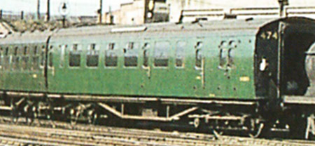 One of the brake coaches of Set 474 at Ramsgate, March 1959, still in its original malachite green - photographer unknown
