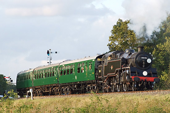80151 with three Bulleid coaches departing from Horsted Keynes - 29 August 2009 - Richard Salmon