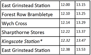 87A: departs East Grinstead 12:00 and 13:15. Journey takes 38 minutes