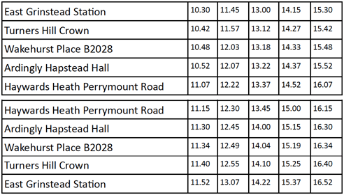88B: departs every 1 Hr 15 Min from East Grinstead between 10:30 to 15:30, and from Haywards Heath between 11:15 and 16:15. Journeys take 37 minutes