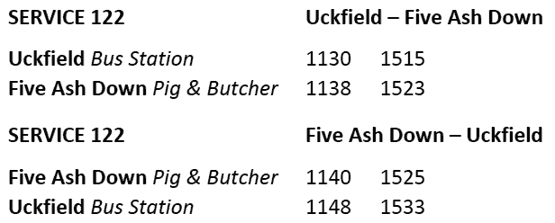 SERVICE 122 departs Uckfield Bus Station at 1130 and 1515, and Five Ash Down Pig & Butcher at 1140 and 1525.  Journey takes 8 minutes.