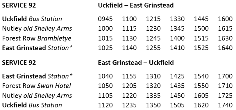 SERVICE 92 Uckfield to East Grinstead, leaving
Uckfield Bus Station at 0945, 1100, 1215, 1330, 1445 and 1600, returning from East Grinstead at 1040, 1155, 1310, 1425, 1540 and 1700, calling at Forest Row Swan Hotel, and Nutley Old Shelley Arms.  Journey takes 40 minutes.