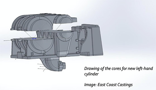 Drawing for the pattern cores for the new left-hand cylinder: East Coast Castings