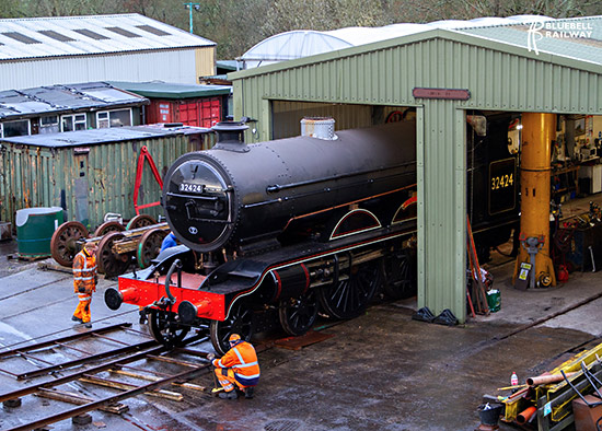 The Atlantic emerges from the building in which it was constructed at Sheffield Park - Bluebell Railway Official - 5 March 2024