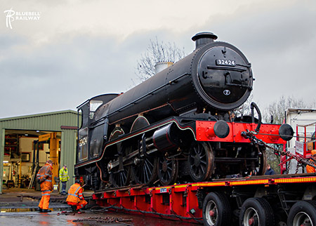 The Atlantic winched onto its low loader - Bluebell Railway Official - 5 March 2024