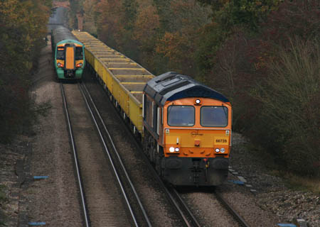 66728 heads towards East Grinstead with the empty wagons for today's waste train - Tony Sullivan - 16 November 2011