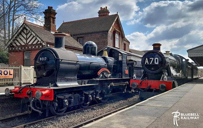 6989 'Wightwick Hall' with 9017 'Earl of Berkeley' at Sheffield Park - Bluebell Railway - 17 April 2023