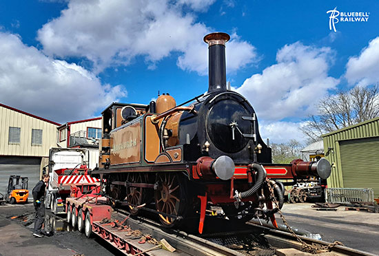 'Fenchurch' on the low loader at Sheffield Park, ready for its trip to the Severn Valley Railway - Bluebell Official - 15 April 2024